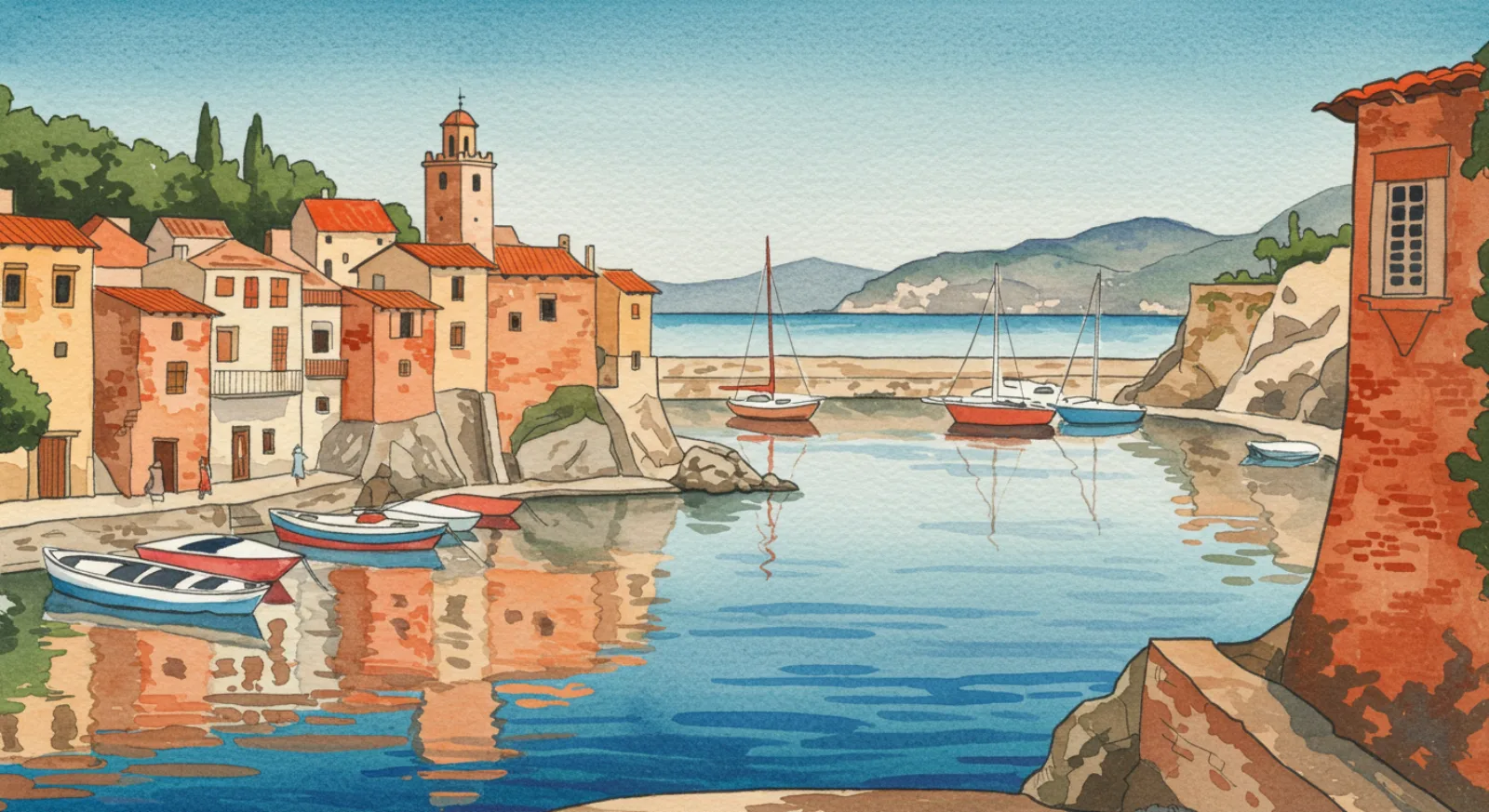 Aquarelle inspirée du style de Charles Rennie Mackintosh, qui a peint Port-Vendres et la Côte Vermeille de 1923 à 1927