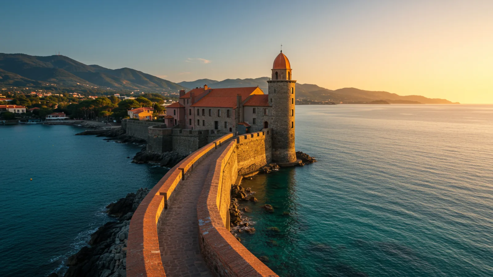 Château Royal de Collioure au coucher du soleil, remparts médiévaux ocre face à la Méditerranée turquoise