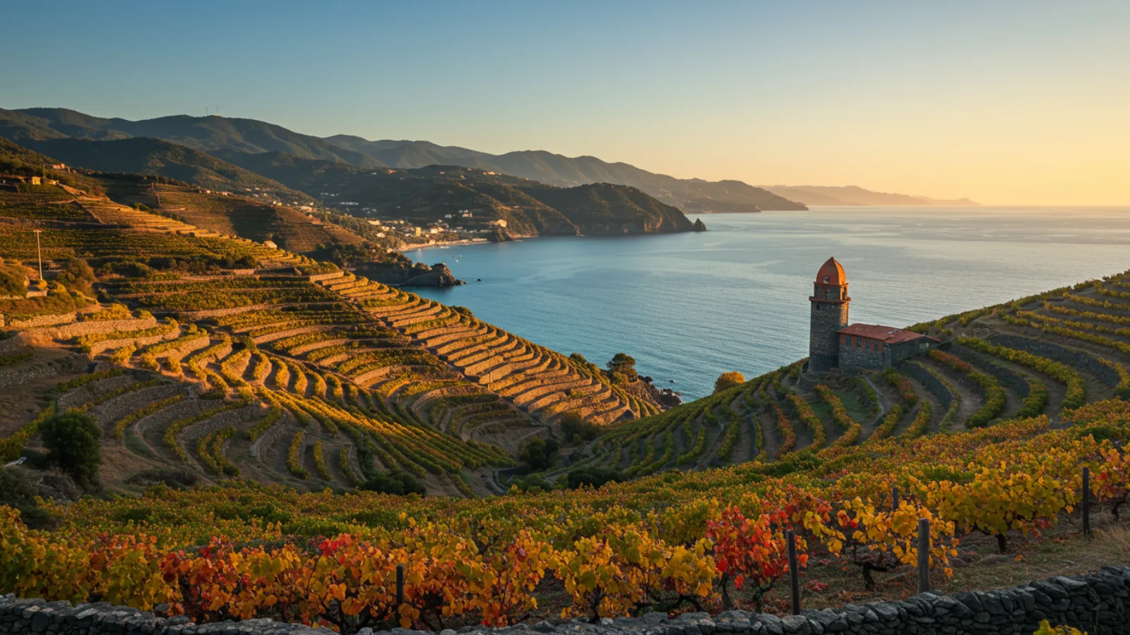 Terrasses de vignes en pierre sèche au-dessus de la Méditerranée, AOC Banyuls-Collioure en automne